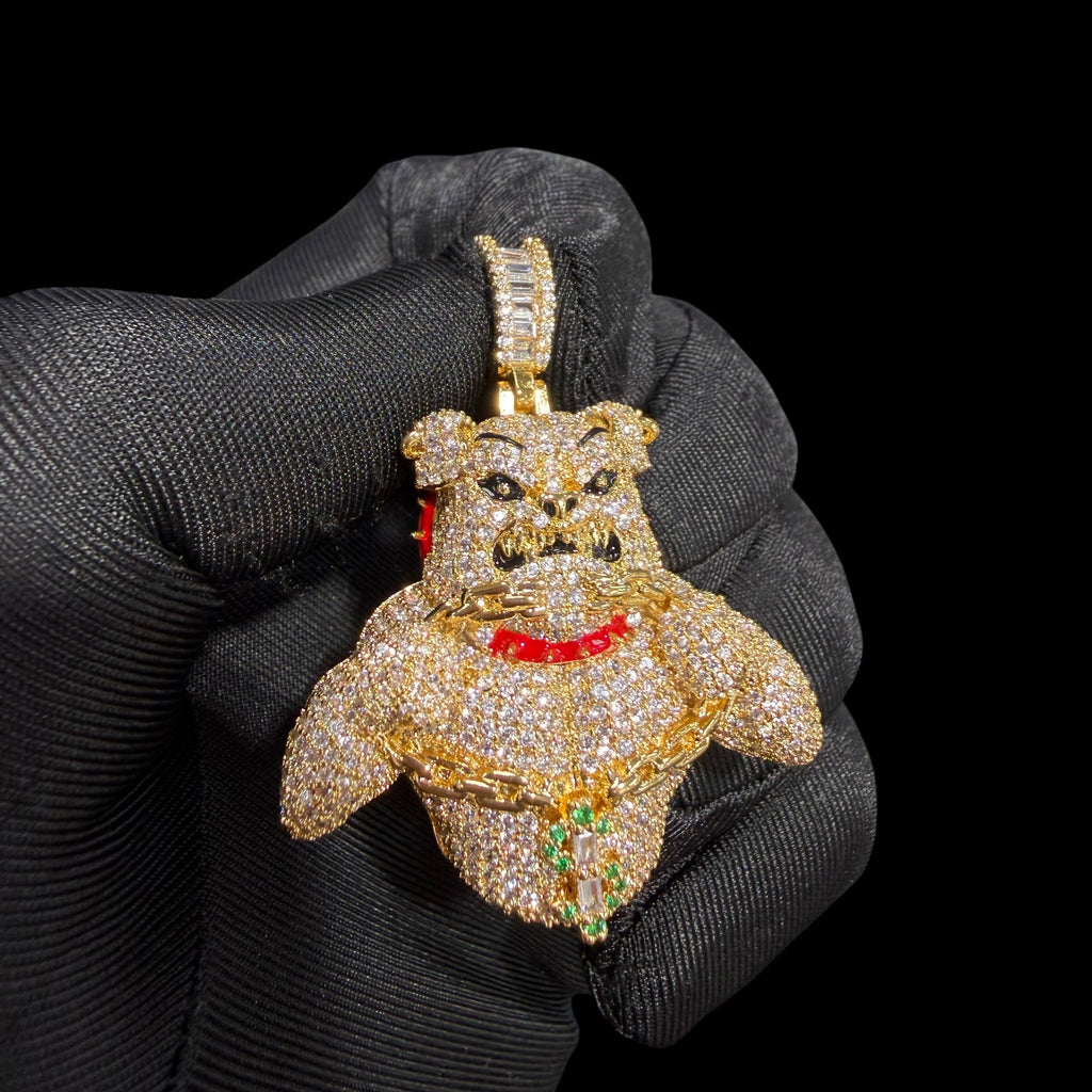 14K Gold Iced Out Bulldog Pendant | CZ Diamond Hip Hop Dog Necklace | Red Collar Bling Charm