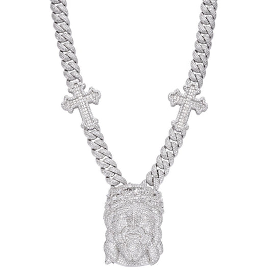 Jesus & Cross Cuban Moissanite 22"  Necklace