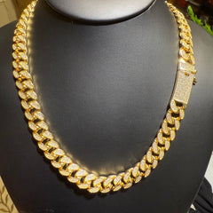 12mm CZ Cuban Chain Gold Tone 925 Silver