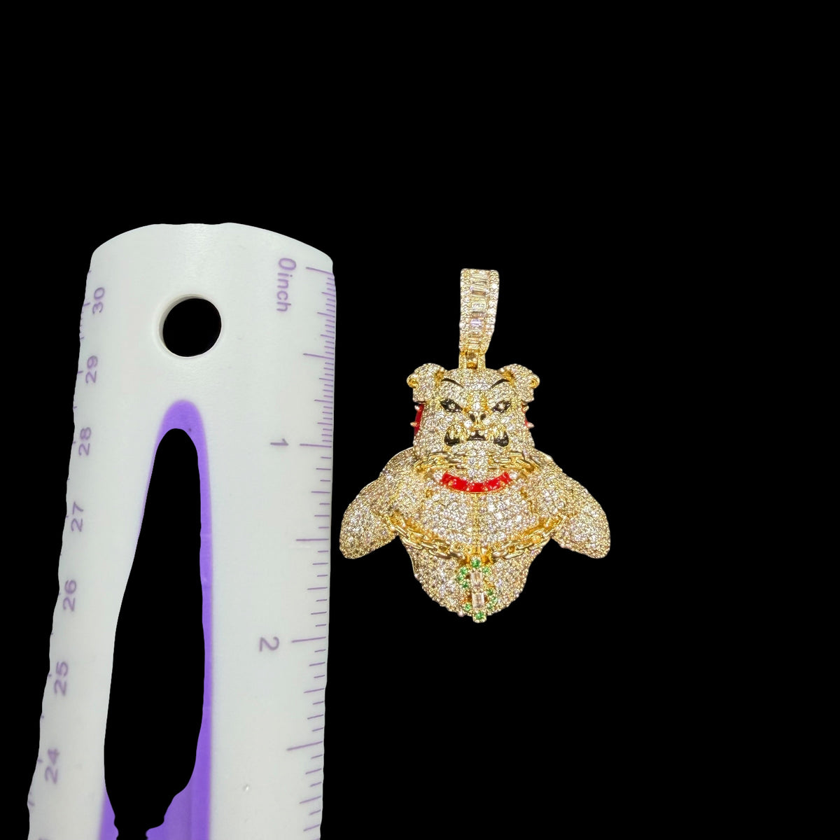 14K Gold Iced Out Bulldog Pendant | CZ Diamond Hip Hop Dog Necklace | Red Collar Bling Charm