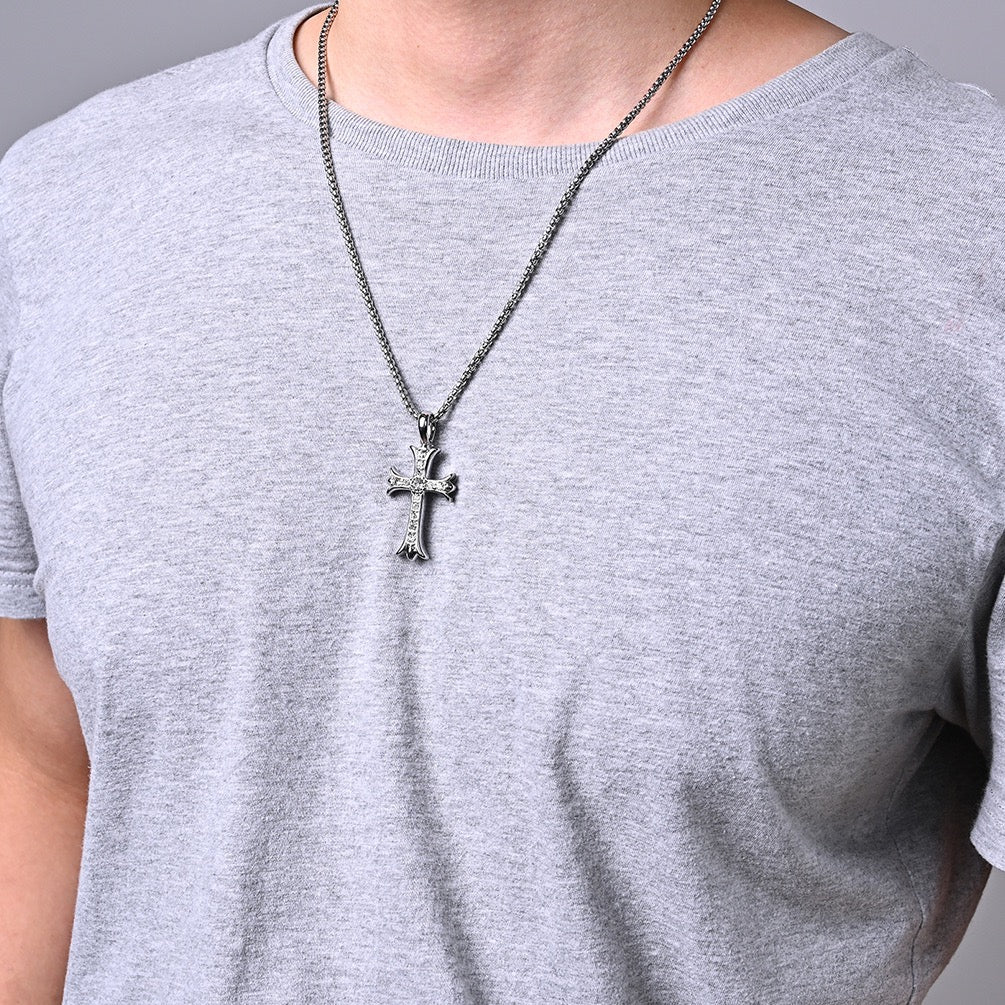 Double Sided Iced Heart Cross Pendant + 24" Steel Franco Chain