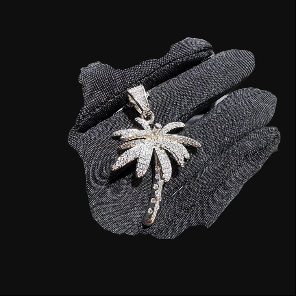 14K White Gold Iced Out Palm Tree Pendant | CZ Diamond Hip Hop Tropical Necklace with Free Rope Chain