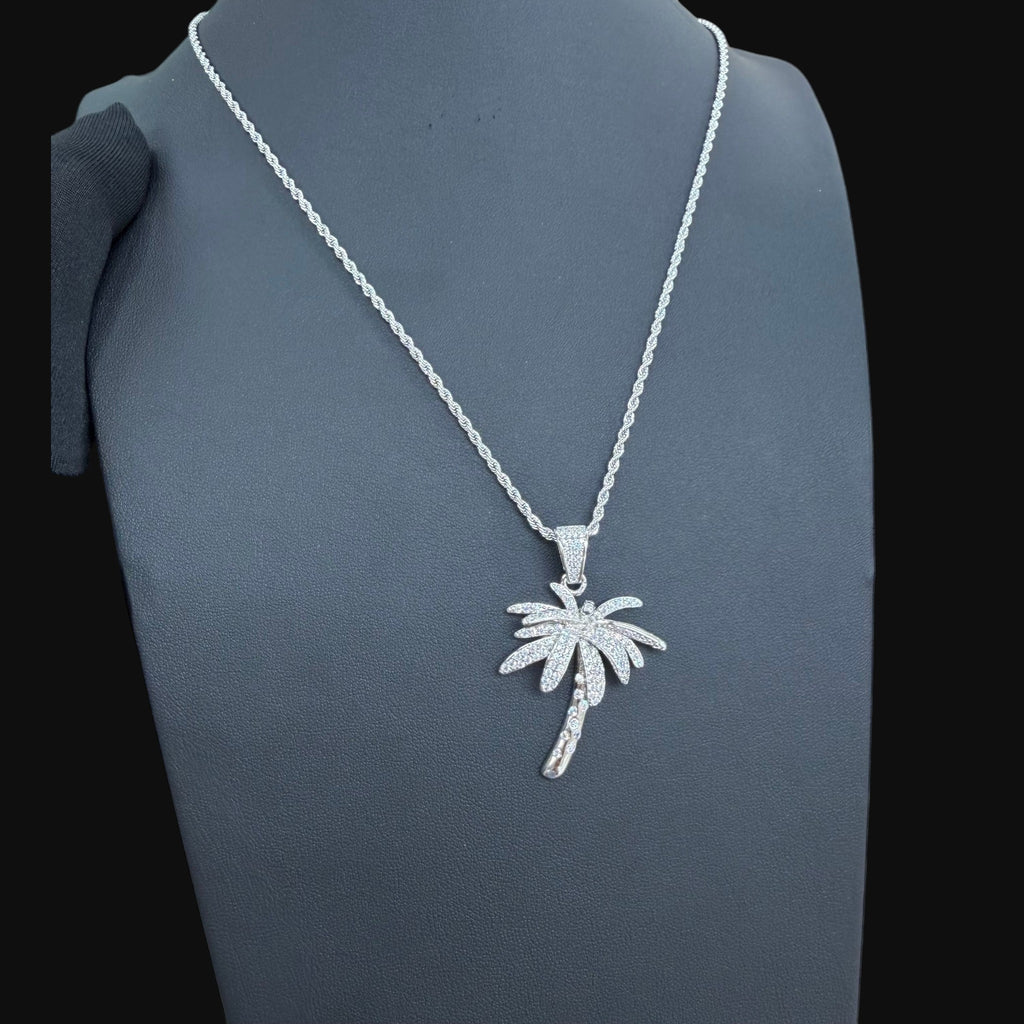 14K White Gold Iced Out Palm Tree Pendant | CZ Diamond Hip Hop Tropical Necklace with Free Rope Chain
