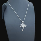 14K White Gold Iced Out Palm Tree Pendant | CZ Diamond Hip Hop Tropical Necklace with Free Rope Chain