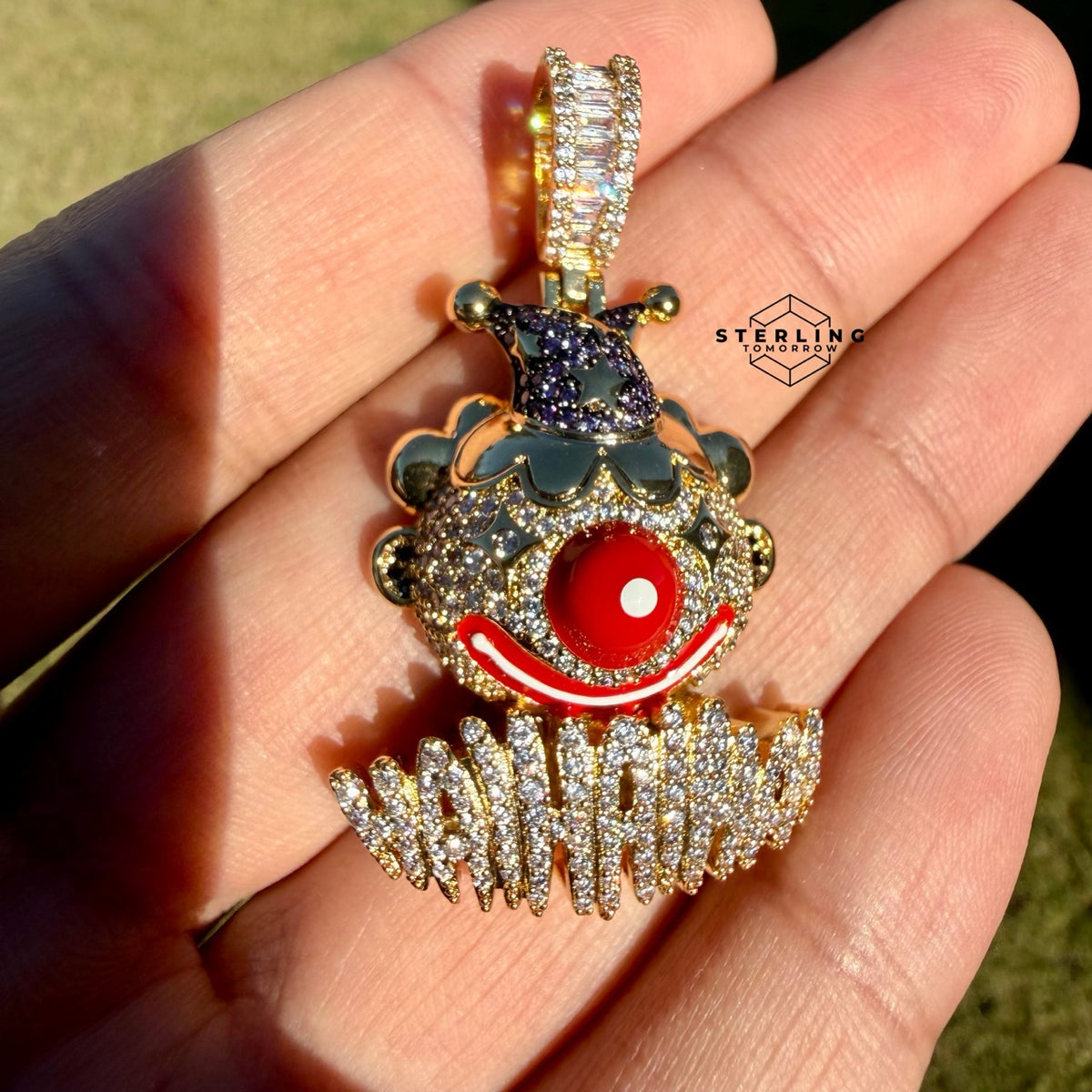 Clown Iced Pendant 14k Gold Plated CZ Bling + AntiTarnish Steel Rope Chain