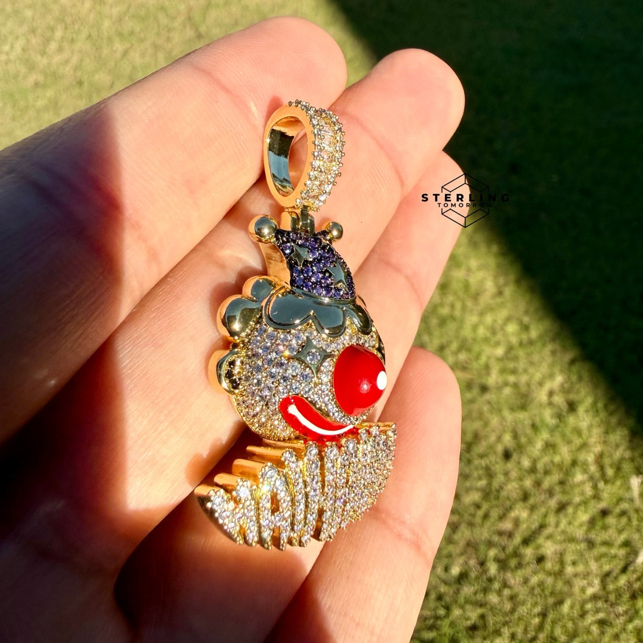Clown Iced Pendant 14k Gold Plated CZ Bling + AntiTarnish Steel Rope Chain