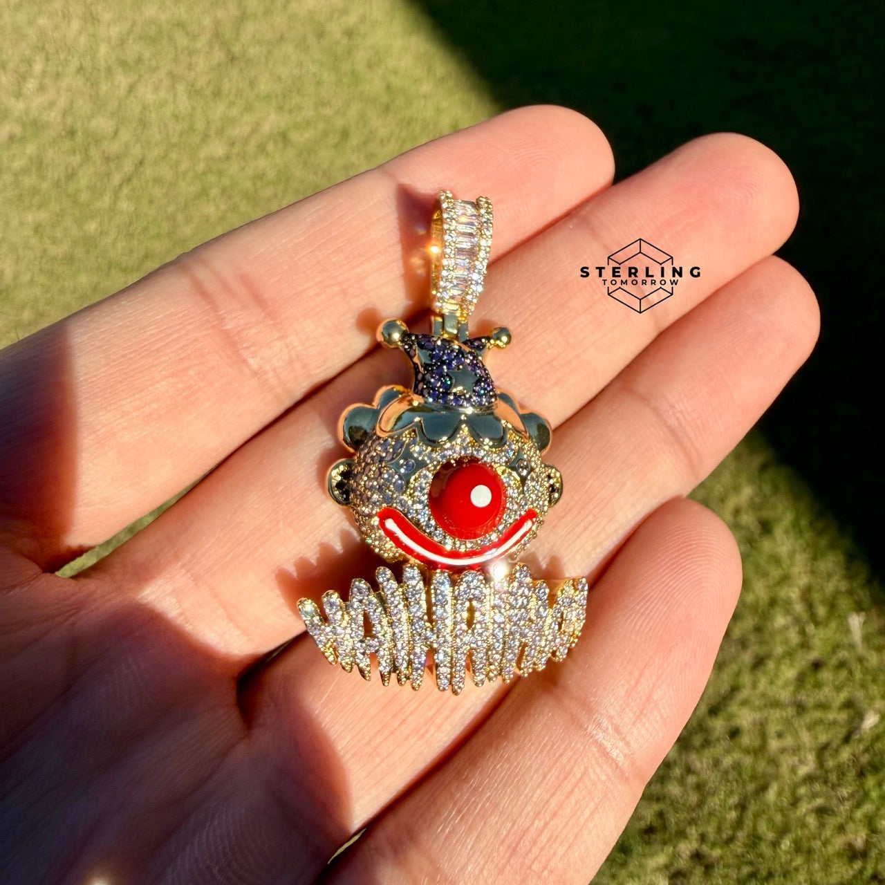Clown Iced Pendant 14k Gold Plated CZ Bling + AntiTarnish Steel Rope Chain