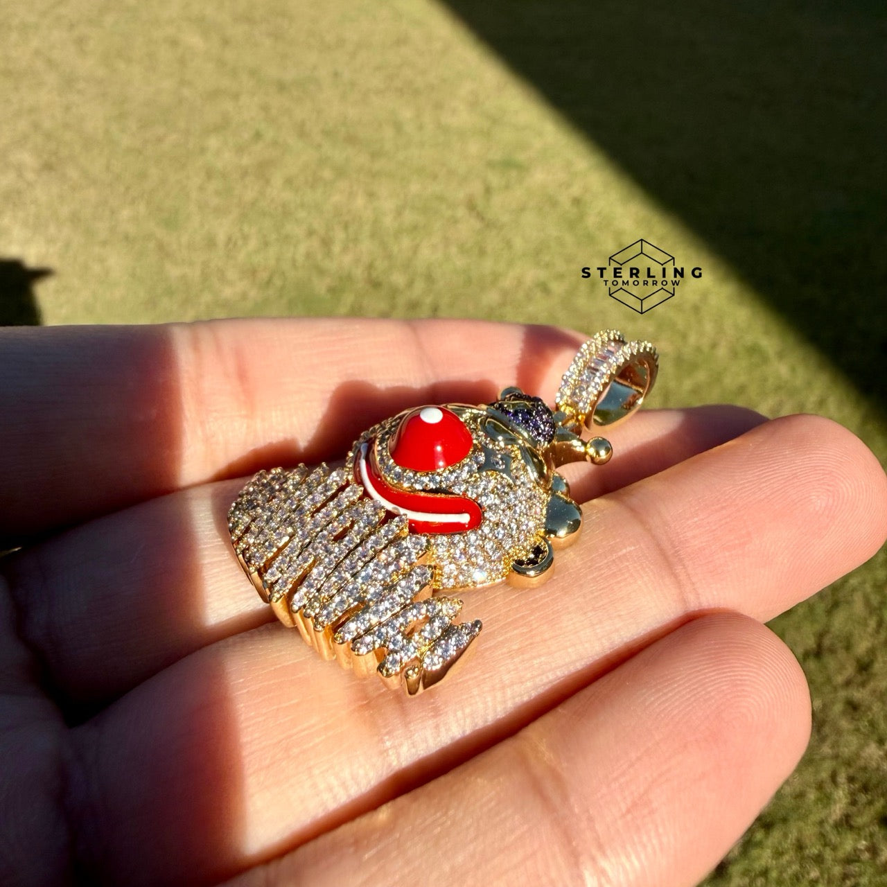 Clown Iced Pendant 14k Gold Plated CZ Bling + AntiTarnish Steel Rope Chain