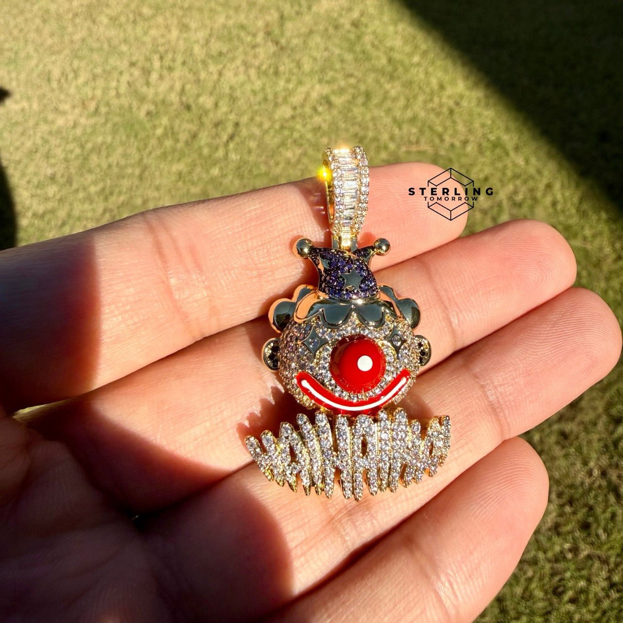 Clown Iced Pendant 14k Gold Plated CZ Bling + AntiTarnish Steel Rope Chain