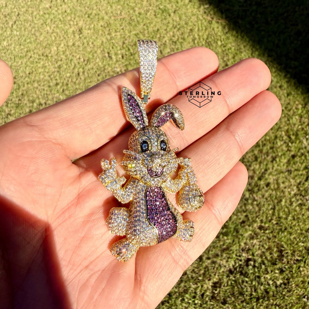 Iced Out Easter Bunny Pendant | Purple CZ Rabbit Hip Hop Necklace | Gold Tone Cartoon Animal Charm with Free Rope Chain