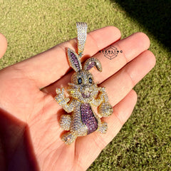 Bunny Iced Playful Pendant 14k Gold Plated CZ Bling Charm + AntiTarnish Rope Chain