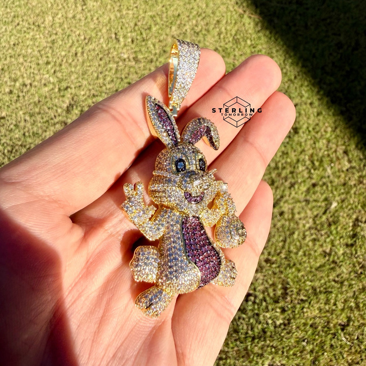 Iced Out Easter Bunny Pendant | Purple CZ Rabbit Hip Hop Necklace | Gold Tone Cartoon Animal Charm with Free Rope Chain