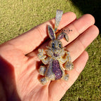 Iced Out Easter Bunny Pendant | Purple CZ Rabbit Hip Hop Necklace | Gold Tone Cartoon Animal Charm with Free Rope Chain