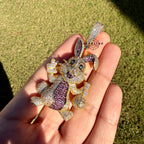 Iced Out Easter Bunny Pendant | Purple CZ Rabbit Hip Hop Necklace | Gold Tone Cartoon Animal Charm with Free Rope Chain