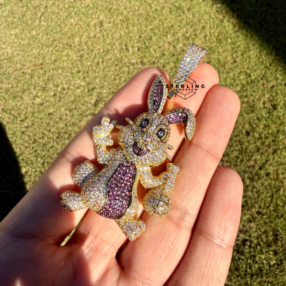 Iced Out Easter Bunny Pendant | Purple CZ Rabbit Hip Hop Necklace | Gold Tone Cartoon Animal Charm with Free Rope Chain