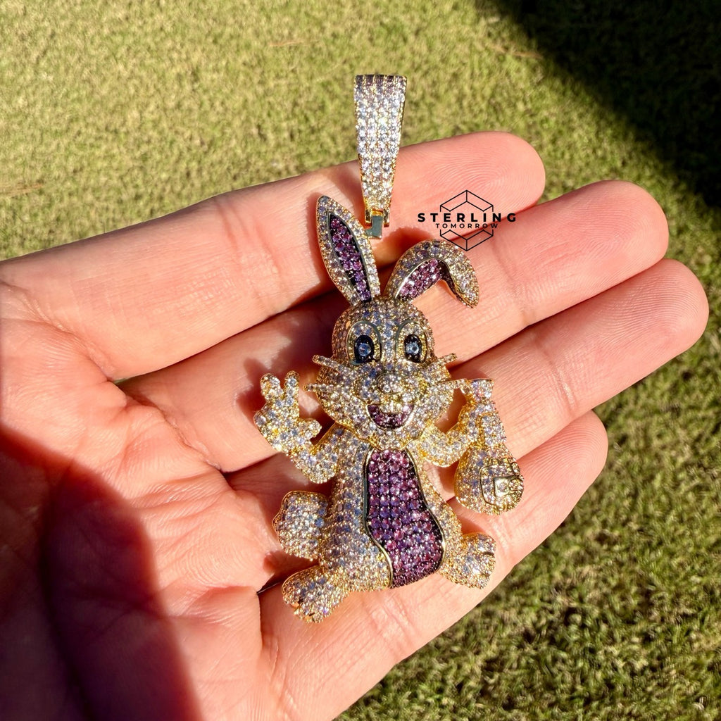 Iced Out Easter Bunny Pendant | Purple CZ Rabbit Hip Hop Necklace | Gold Tone Cartoon Animal Charm with Free Rope Chain