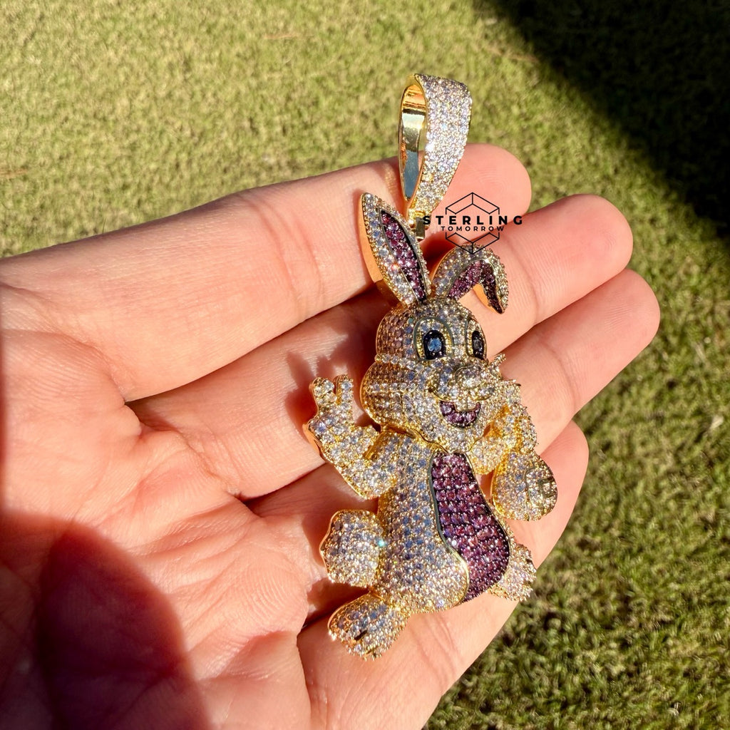 Iced Out Easter Bunny Pendant | Purple CZ Rabbit Hip Hop Necklace | Gold Tone Cartoon Animal Charm with Free Rope Chain