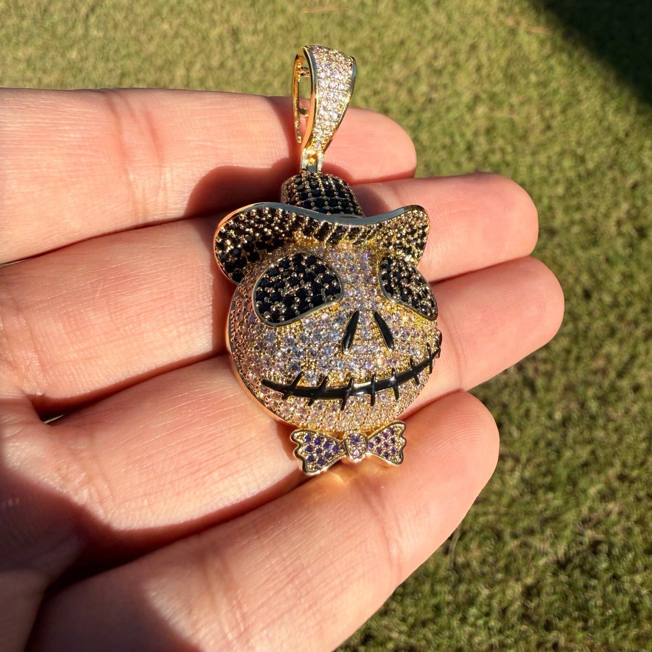 Skull Iced Cartoon Pendant 14k Gold Plated CZ Bling + AntiTarnish Rope Chain