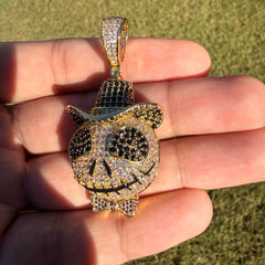 Skull Iced Cartoon Pendant 14k Gold Plated CZ Bling + AntiTarnish Rope Chain
