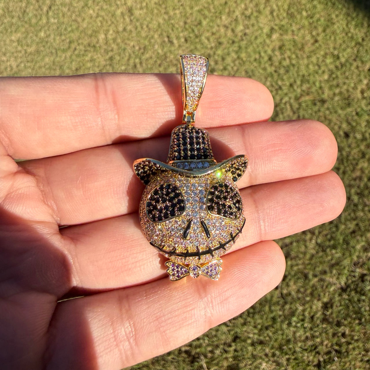 Skull Iced Cartoon Pendant 14k Gold Plated CZ Bling + AntiTarnish Rope Chain