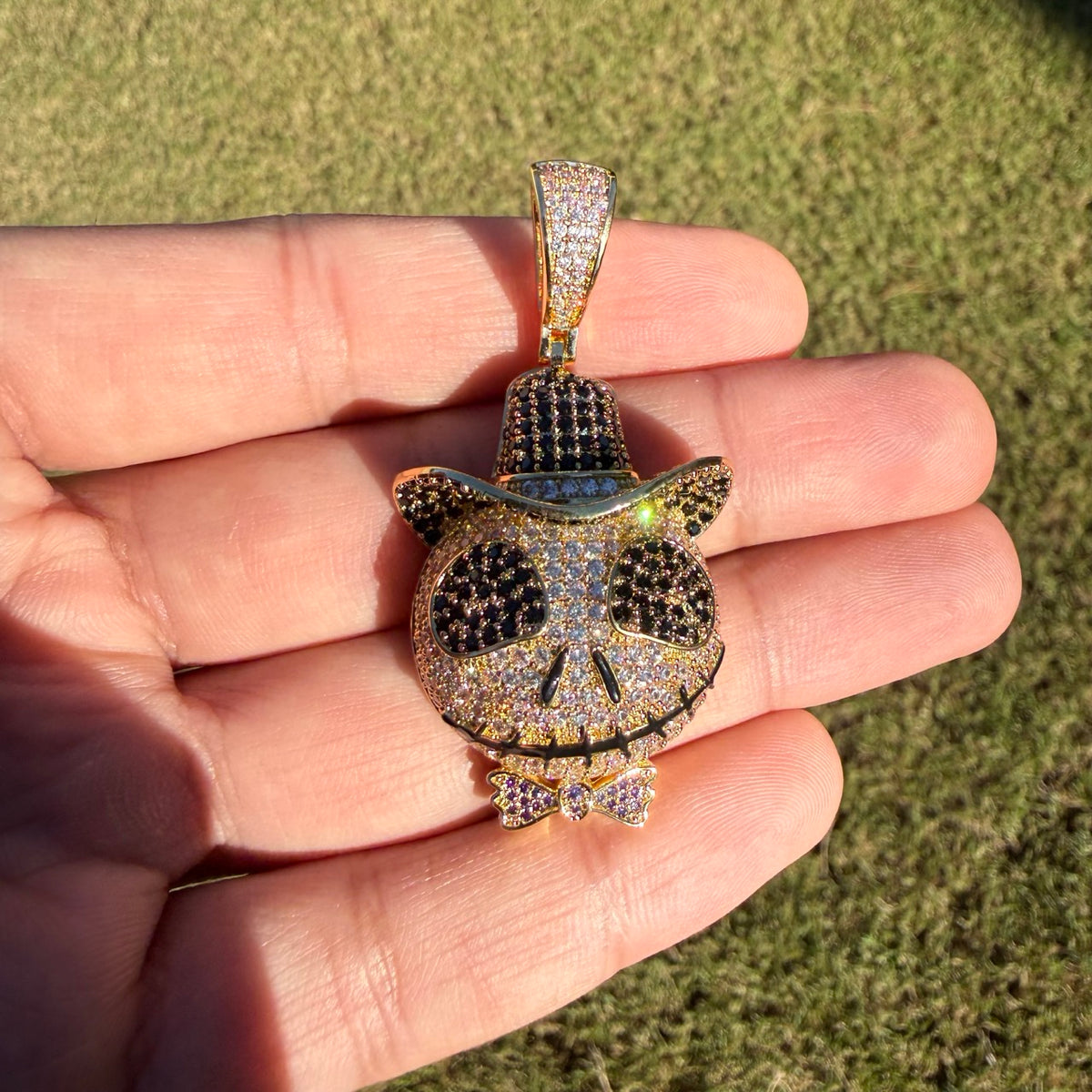Skull Iced Cartoon Pendant 14k Gold Plated CZ Bling + AntiTarnish Rope Chain
