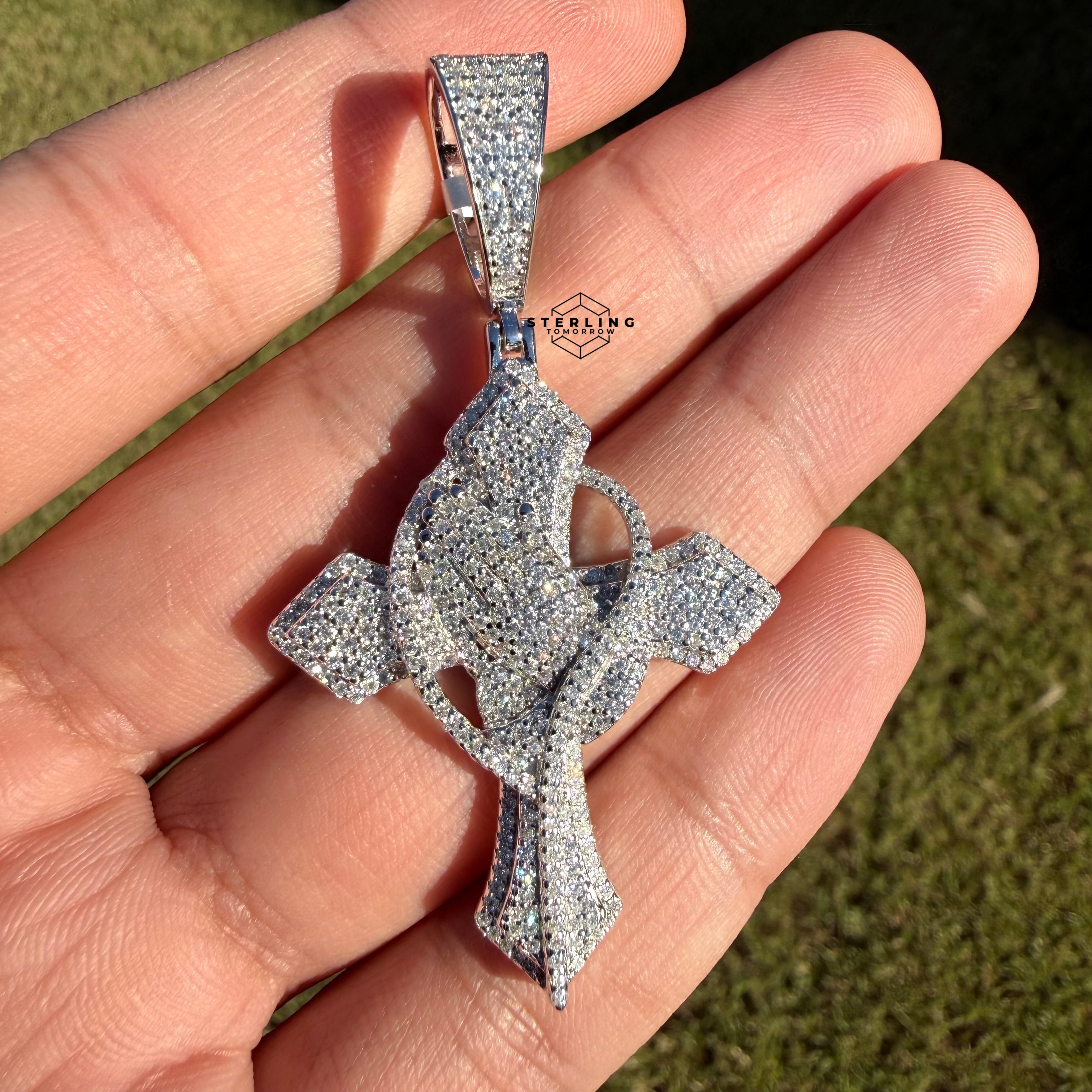 Moissanite Cross Pass Testers Iced Out Pendant + Steel Rope Chain 925 Silver Bling
