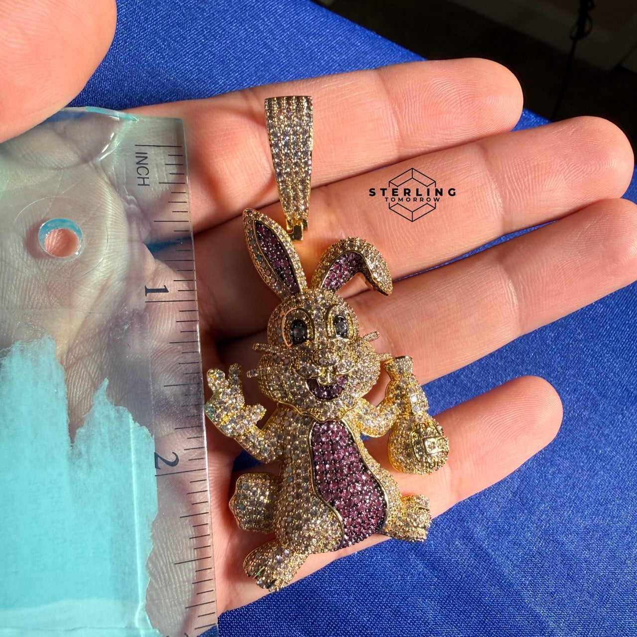 Bunny Iced Playful Pendant 14k Gold Plated CZ Bling Charm + AntiTarnish Rope Chain