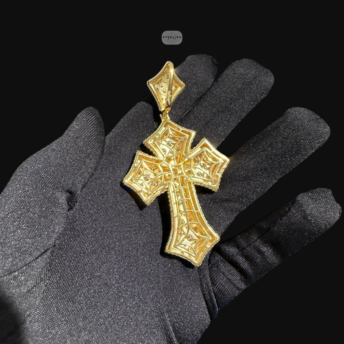 Gold Moissanite Flared Cross Pendant, Iced Out 925 Sterling Silver Hip Hop Necklace Rope Chain