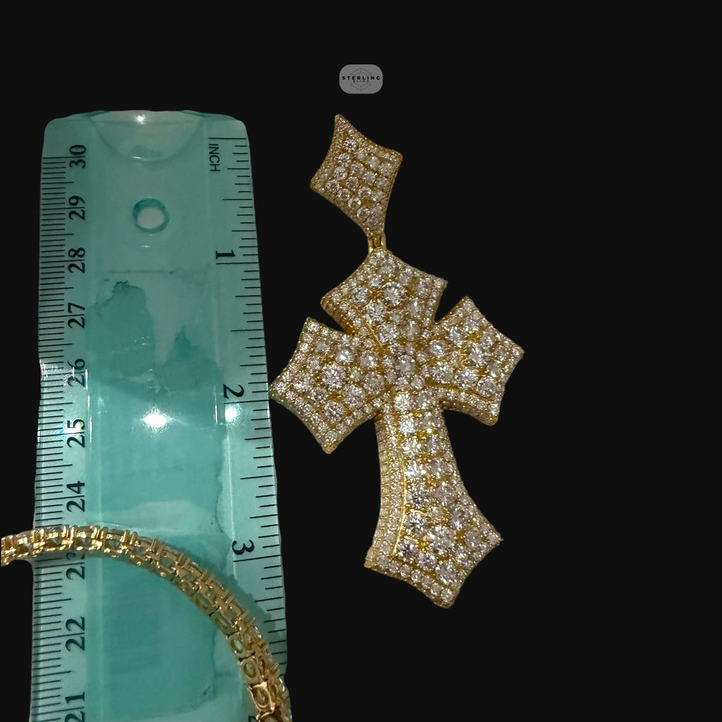Gold Moissanite Flared Cross Pendant, Iced Out 925 Sterling Silver Hip Hop Necklace Rope Chain