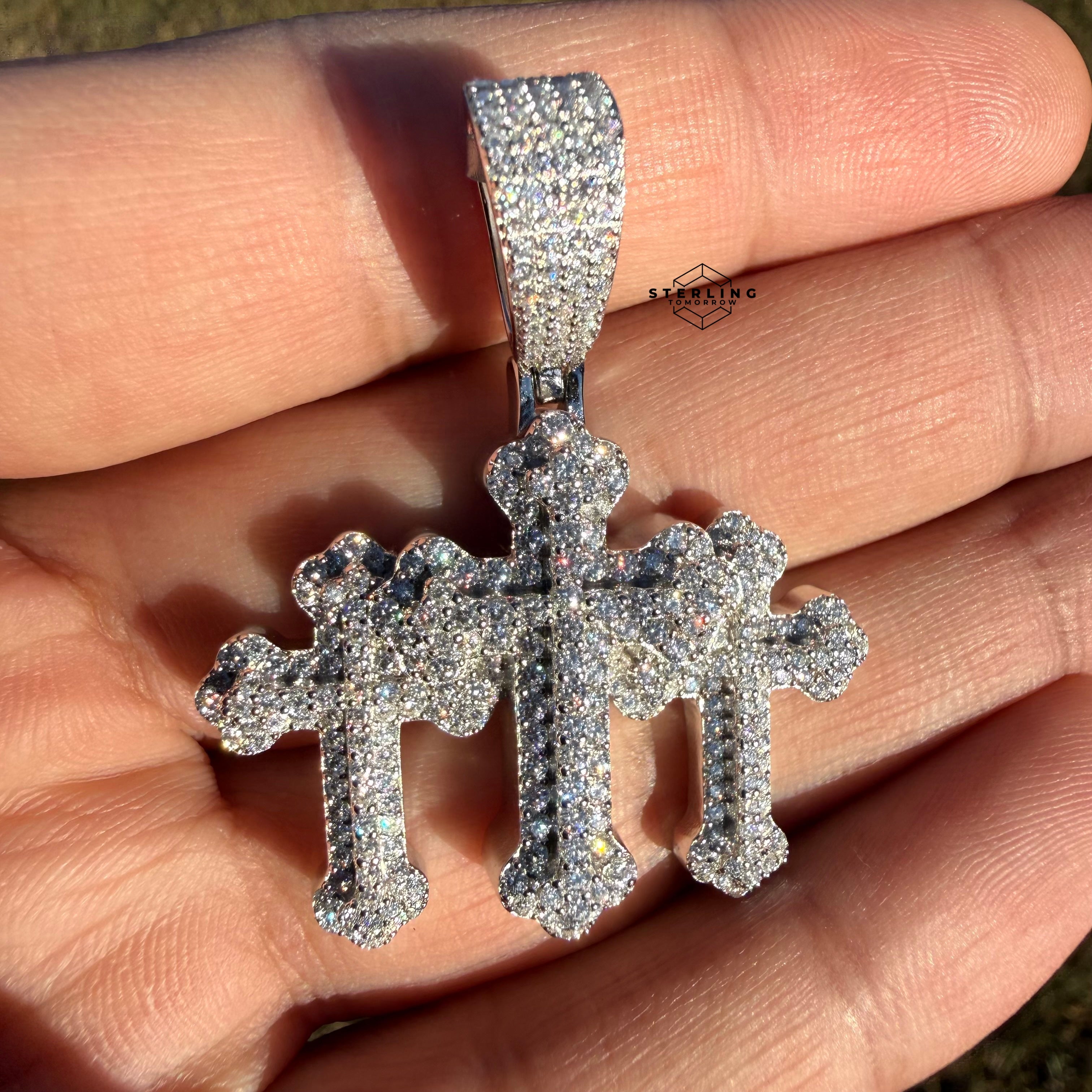 Moissanite Triple CROSS Iced Pendant