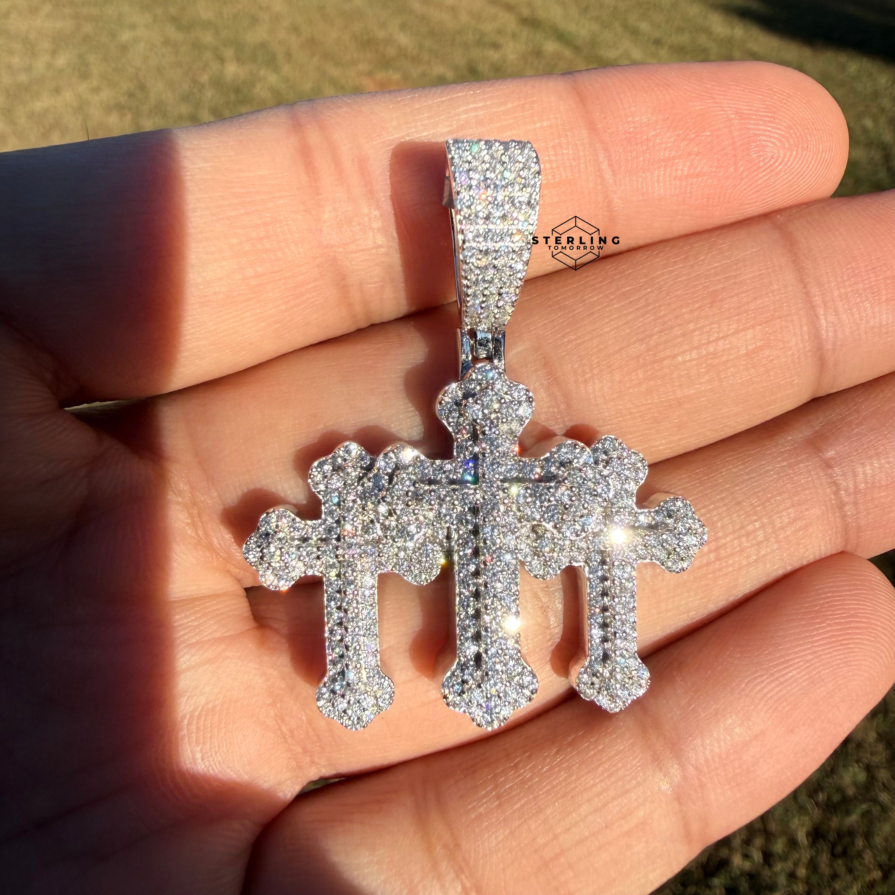 Moissanite Triple CROSS Iced Pendant