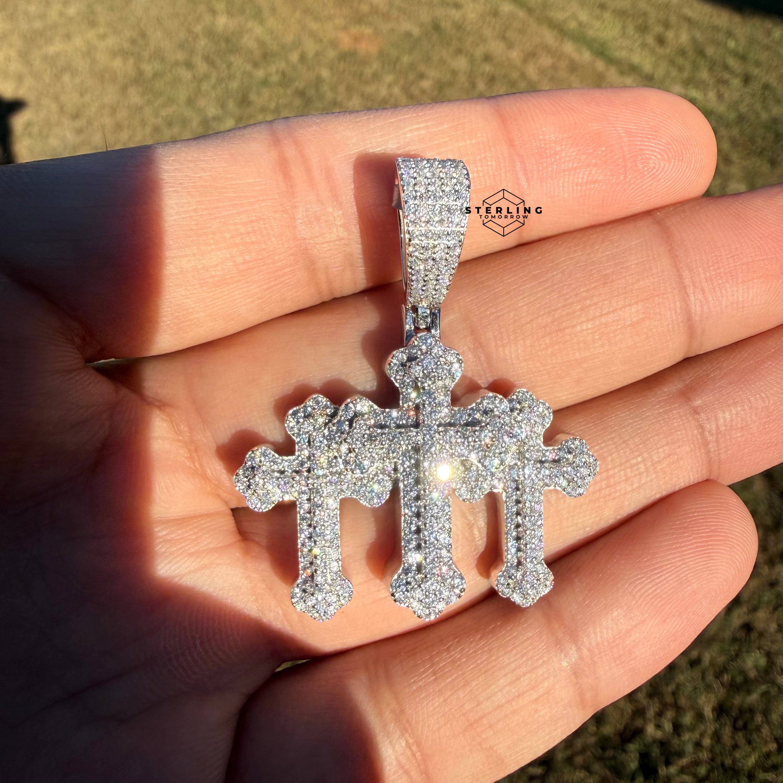 Moissanite Triple CROSS Iced Pendant