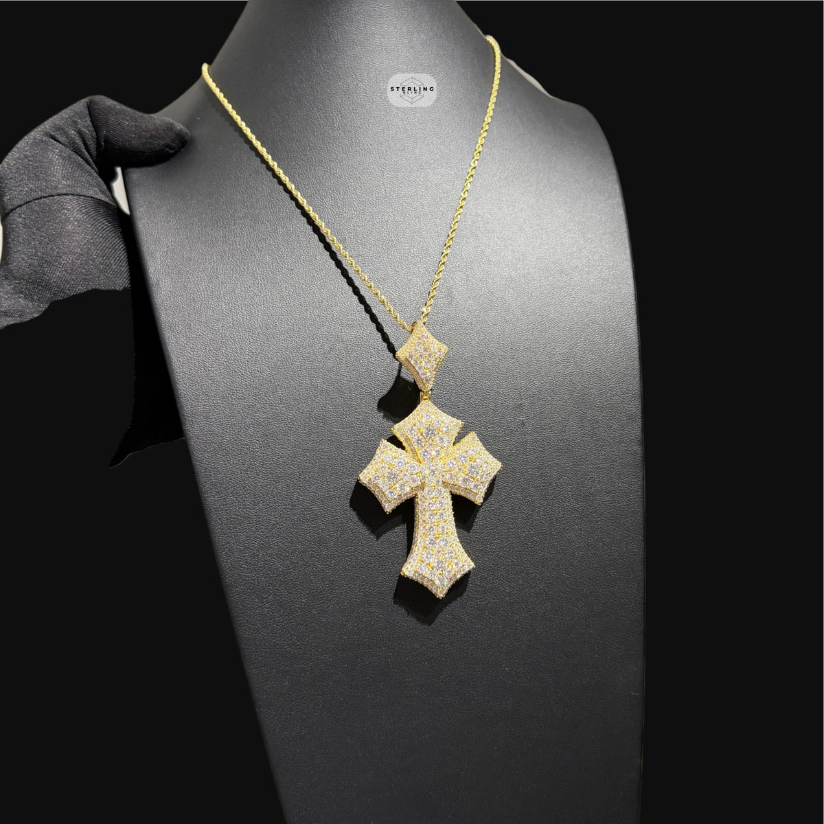 Gold Moissanite Flared Cross Pendant, Iced Out 925 Sterling Silver Hip Hop Necklace Rope Chain