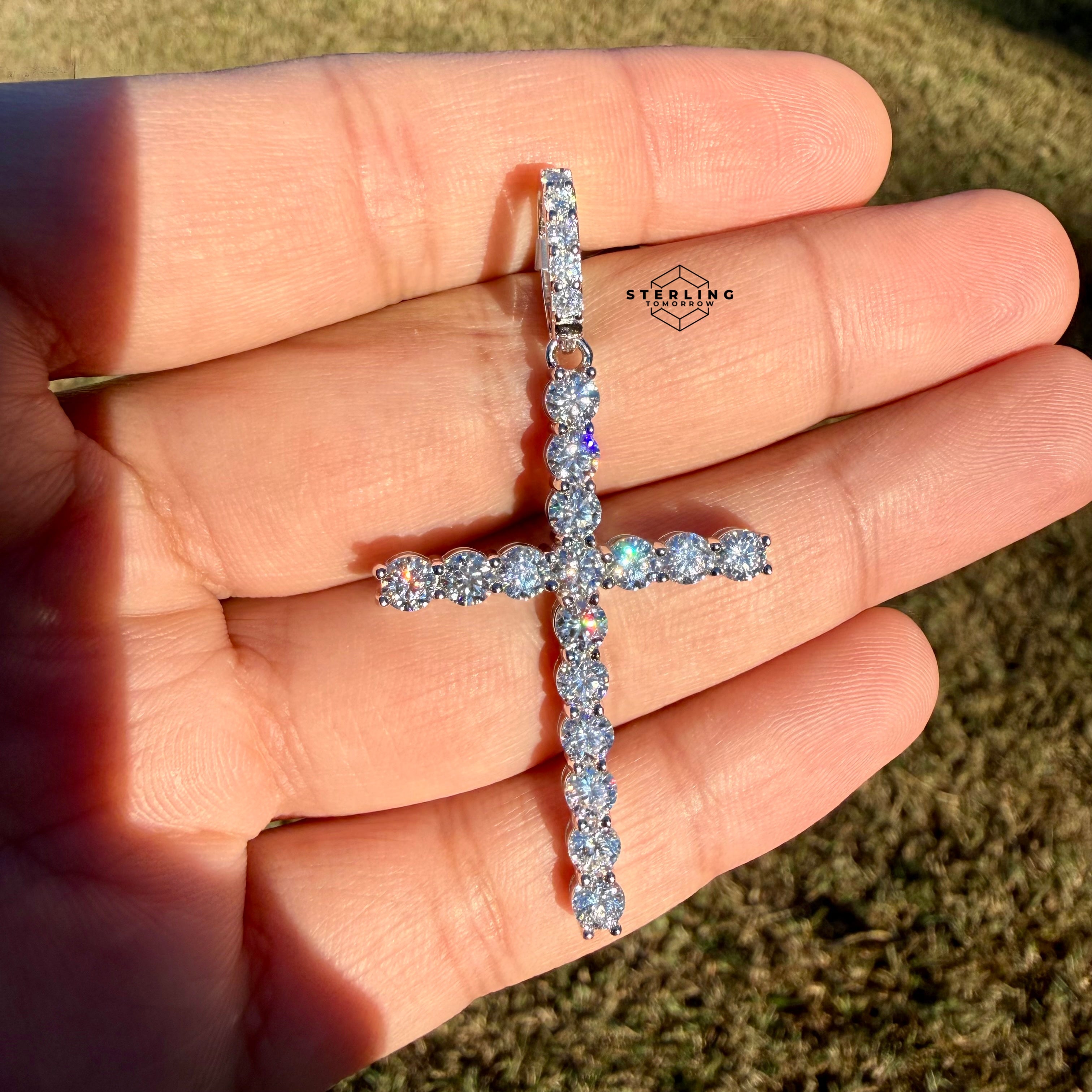Moissanite Tennis Cross Pendant 925 Silver Iced Out + Steel Rope Chain Gift Men