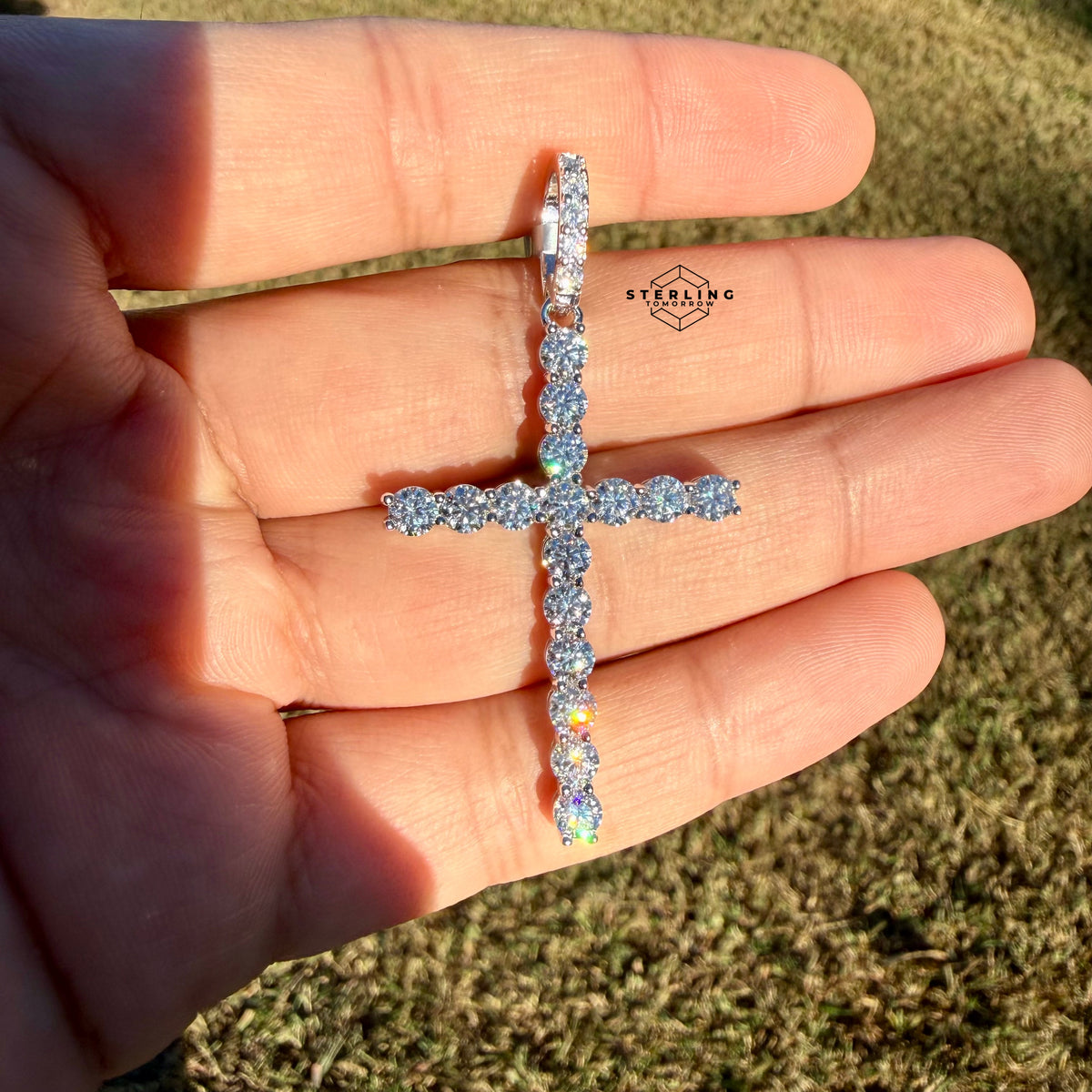 Moissanite Tennis Cross Pendant 925 Silver Iced Out + Steel Rope Chain Gift Men