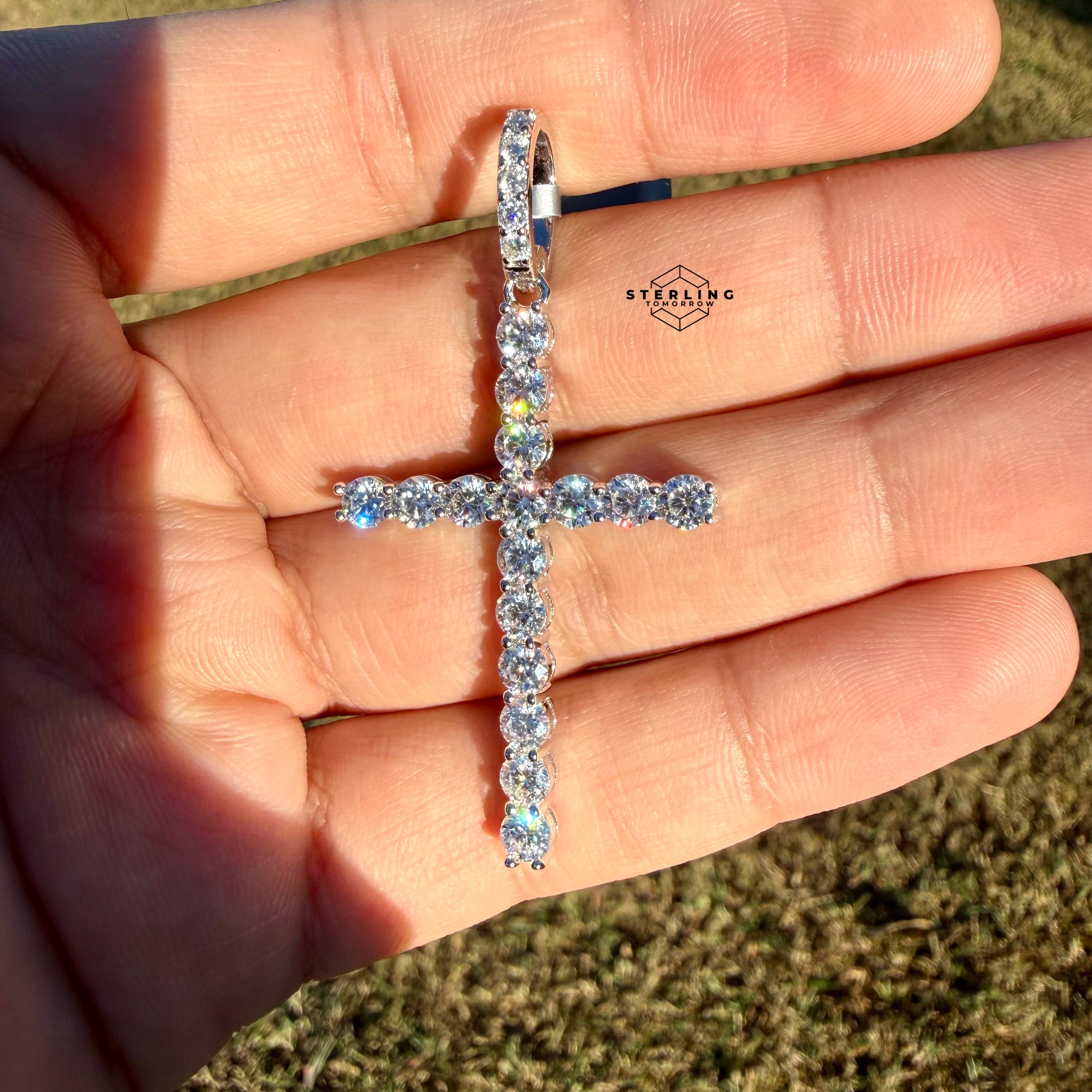 Moissanite Tennis Cross Pendant 925 Silver Iced Out + Steel Rope Chain Gift Men