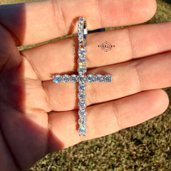 Moissanite Tennis Cross Pendant 925 Silver Iced Out + Steel Rope Chain Gift Men