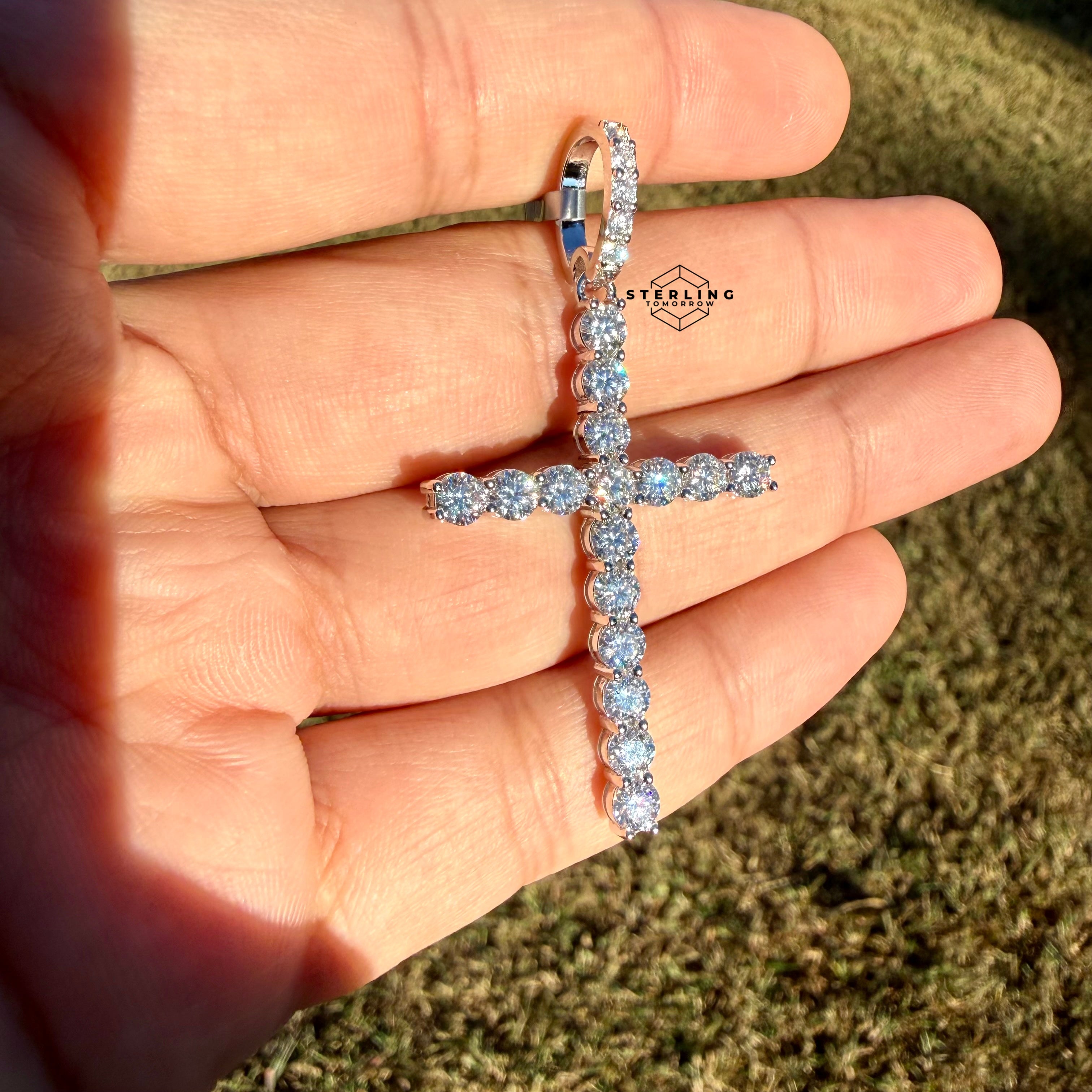 Moissanite Tennis Cross Pendant 925 Silver Iced Out + Steel Rope Chain Gift Men