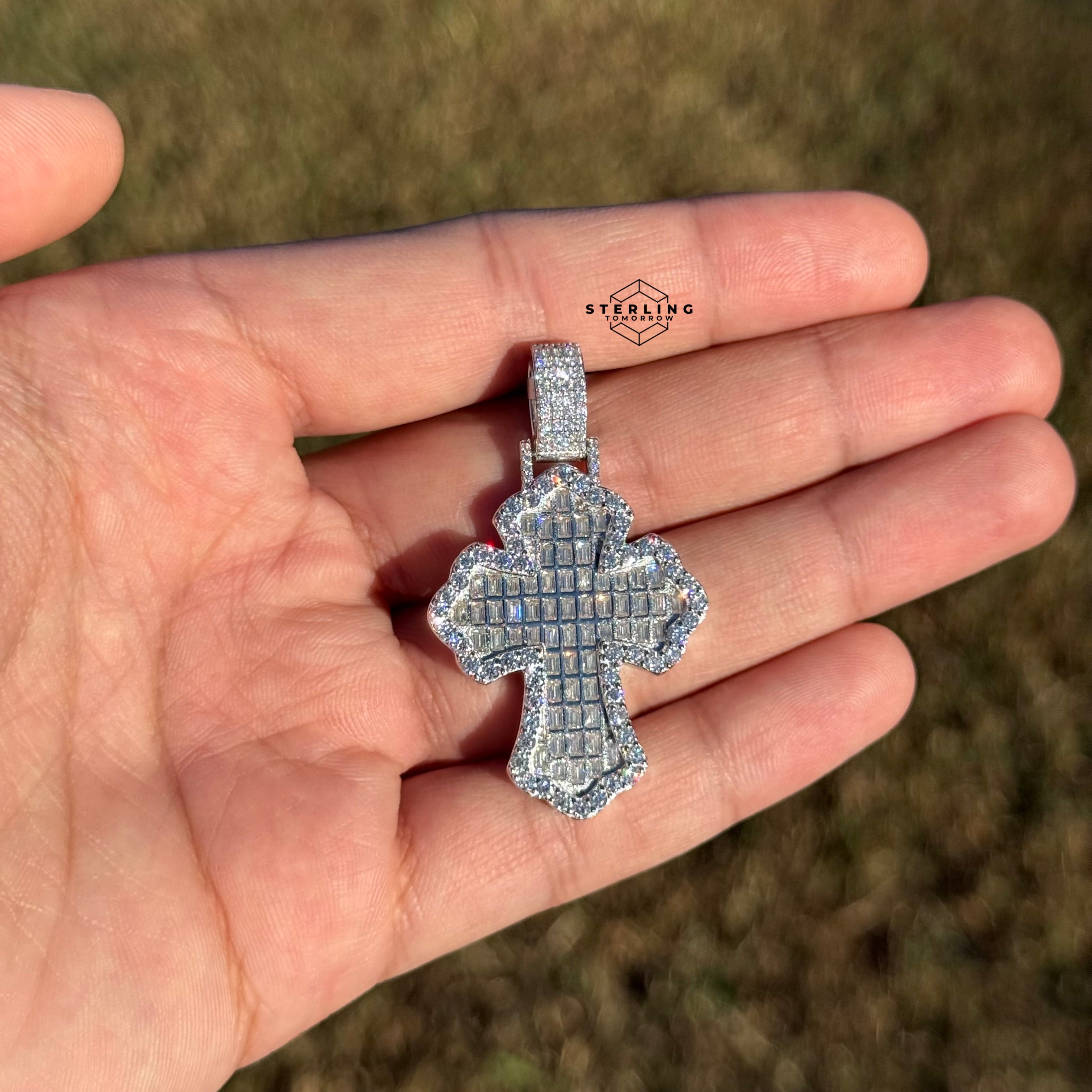 Moissanite Baguette Cross Iced Out Pendant