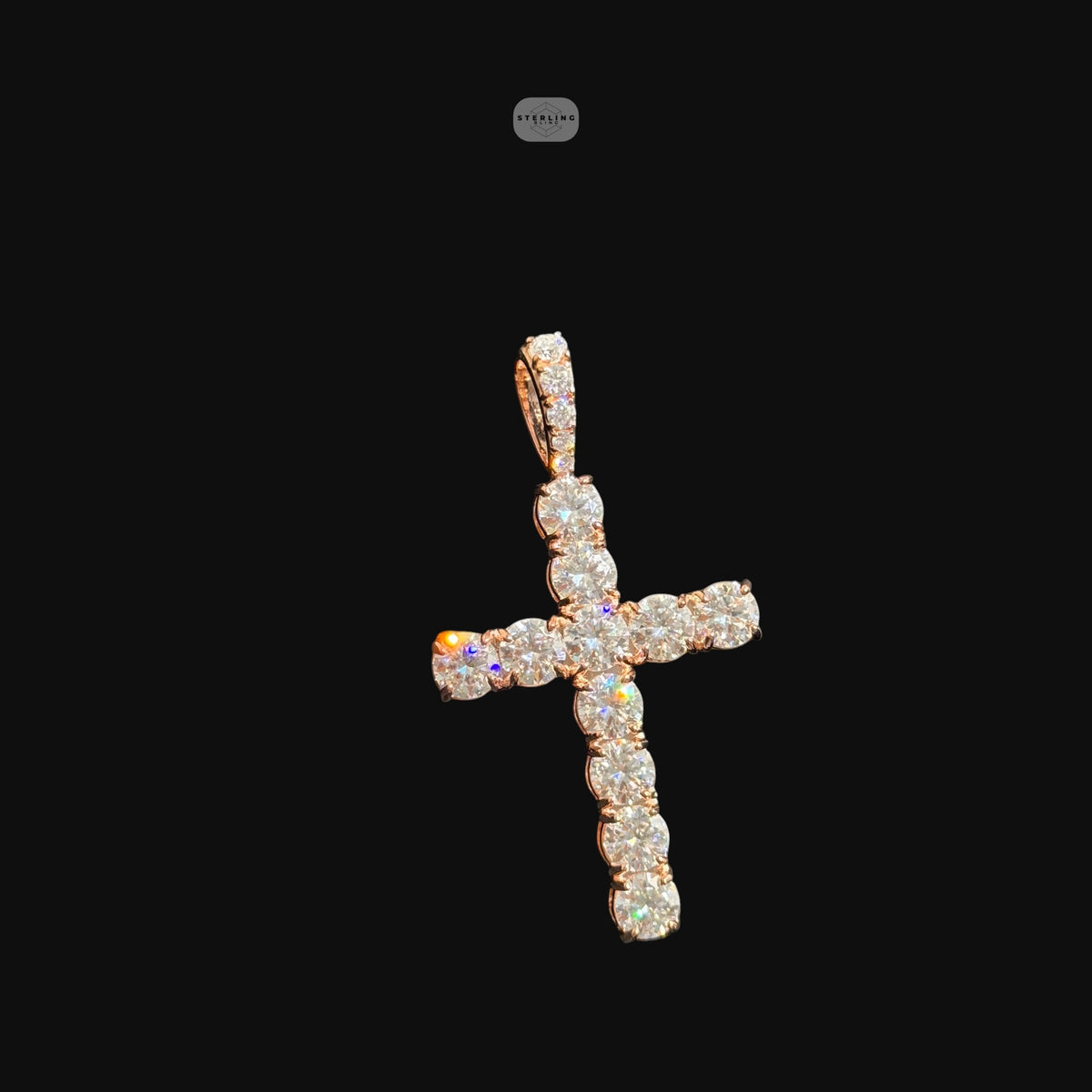 Moissanite Rose Gold Tennis Cross Pendant, 925 Silver Iced Out Hip Hop Necklace, GRA Certified w 24" Chain
