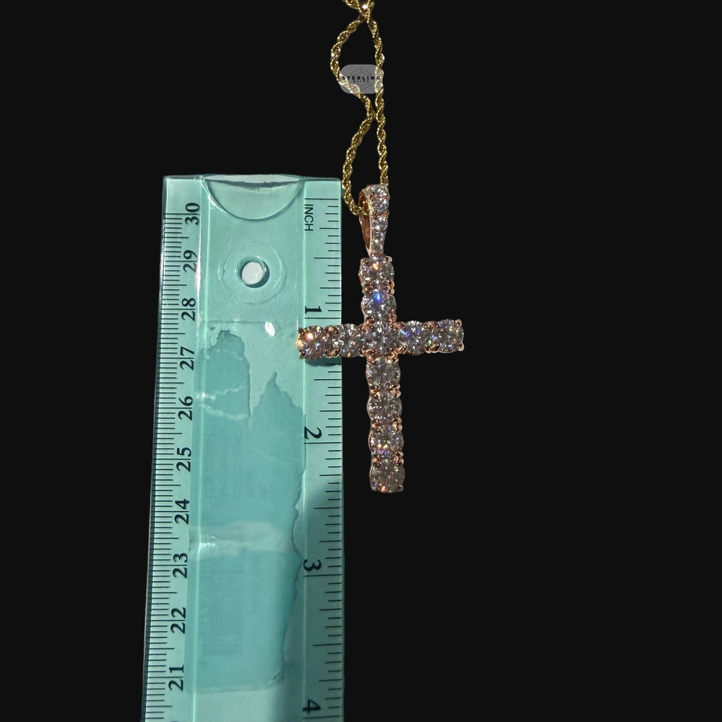 Moissanite Rose Gold Tennis Cross Pendant, 925 Silver Iced Out Hip Hop Necklace, GRA Certified w 24" Chain