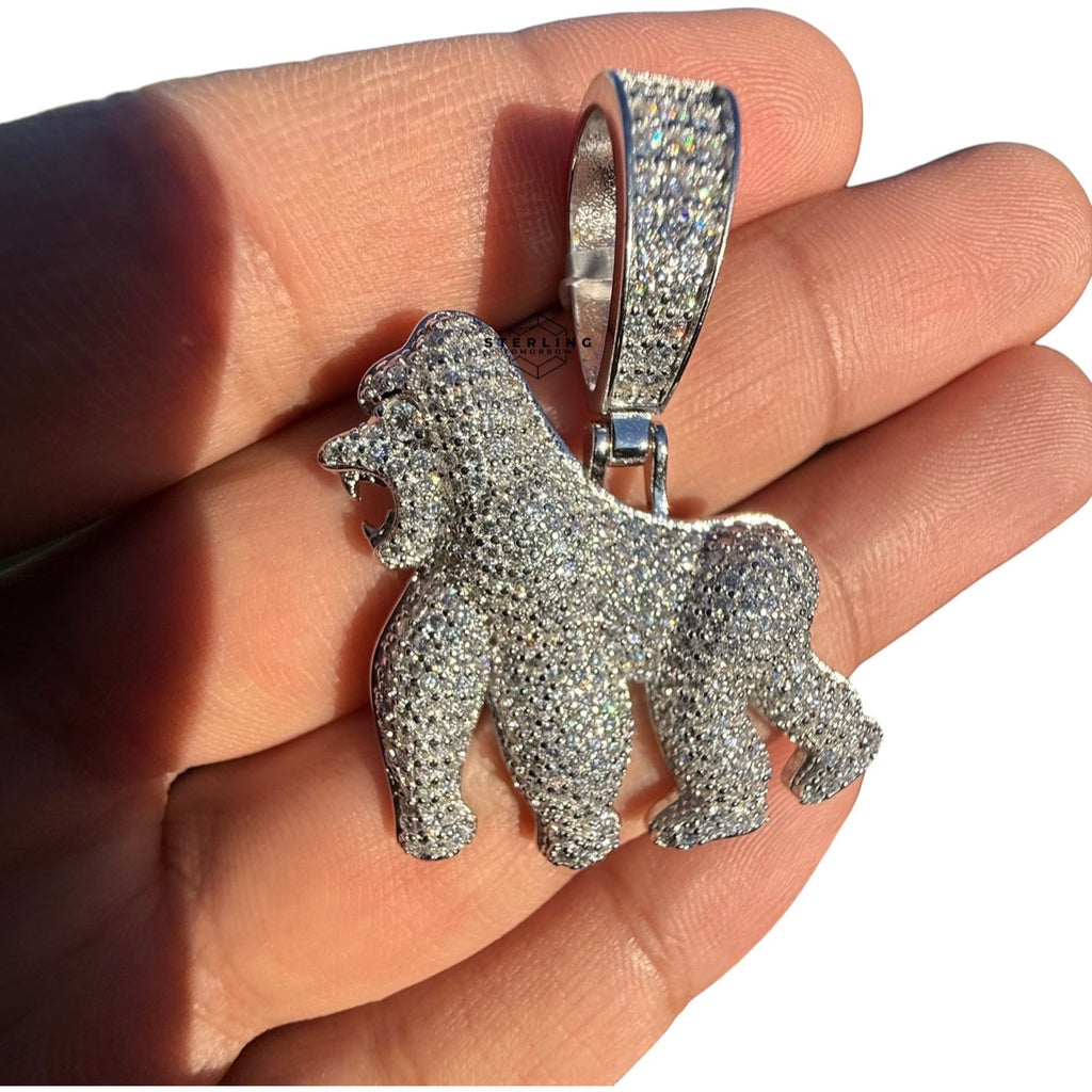 Moissanite Gorilla Ape Pendant, 925 Sterling Silver Iced Out Hip Hop Necklace, GRA Certified w 24" Chain
