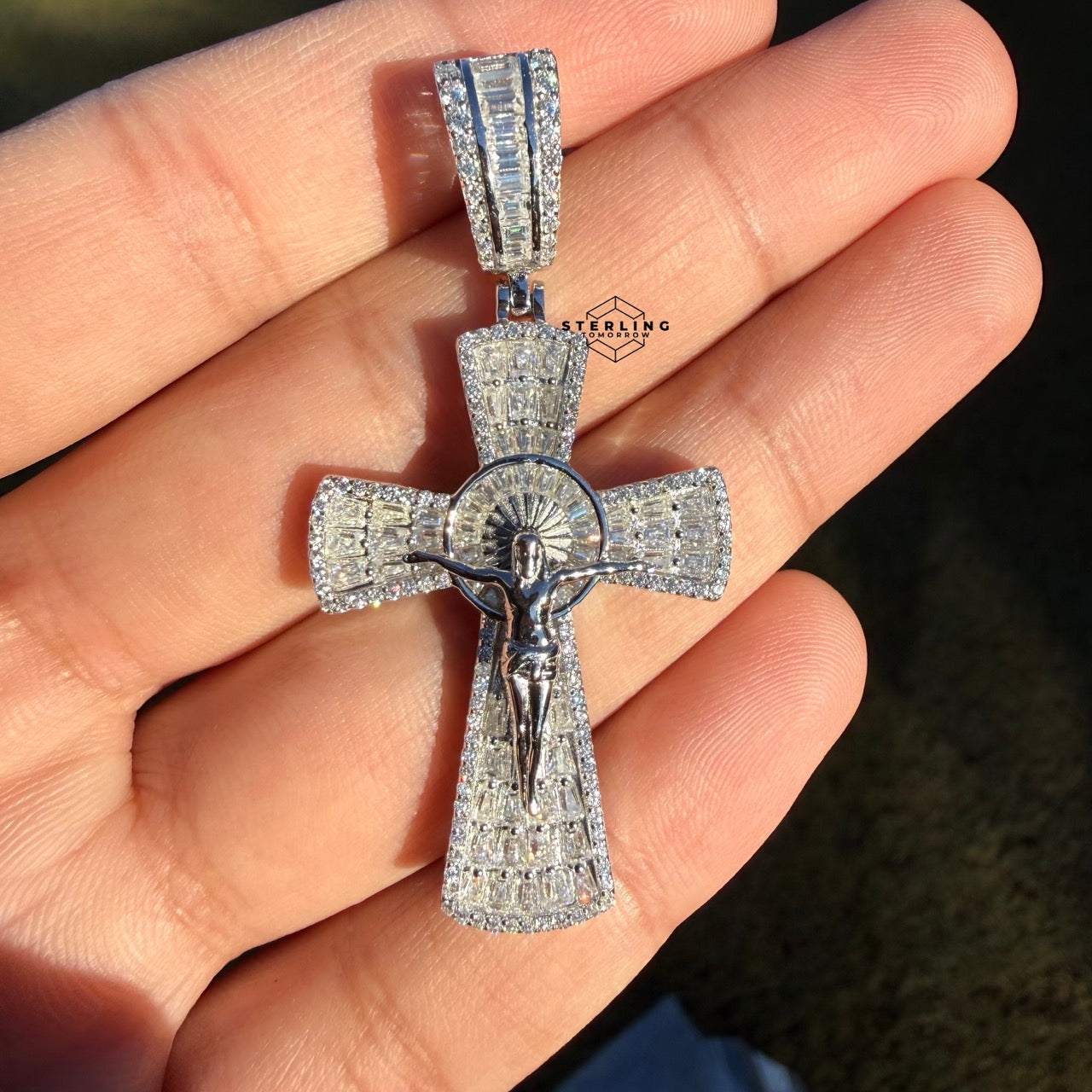 Moissanite Crucifix Cross Jesus Pendant 925 Silver Iced Out Steel Rope Chain