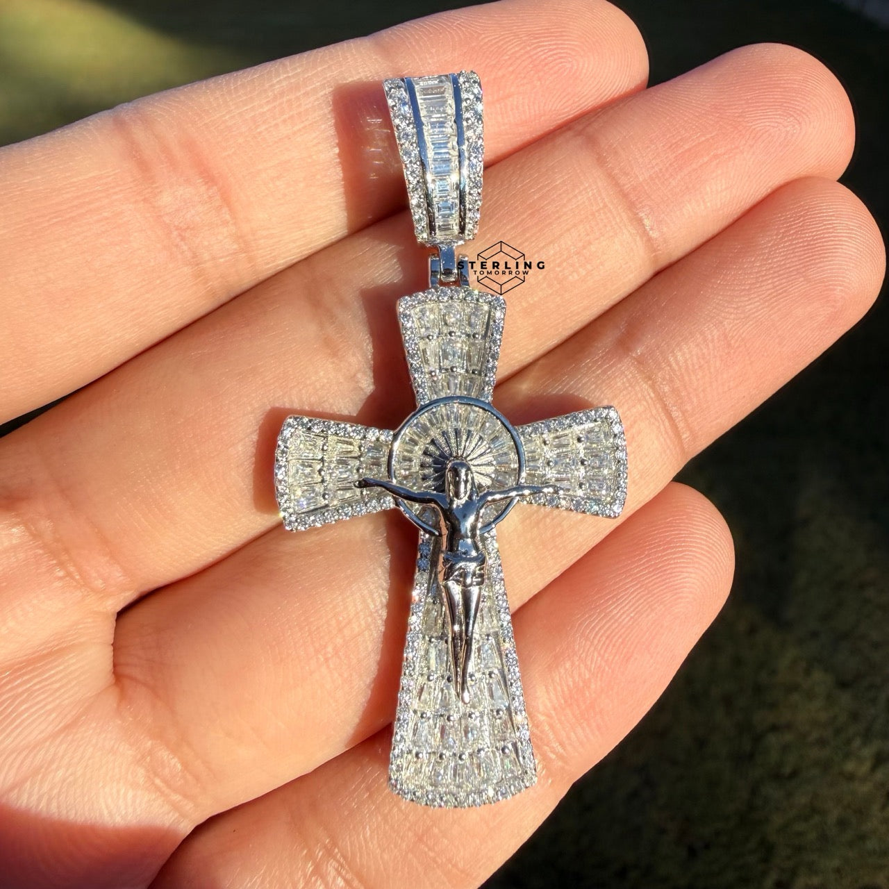 Moissanite Crucifix Cross Jesus Pendant 925 Silver Iced Out Steel Rope Chain