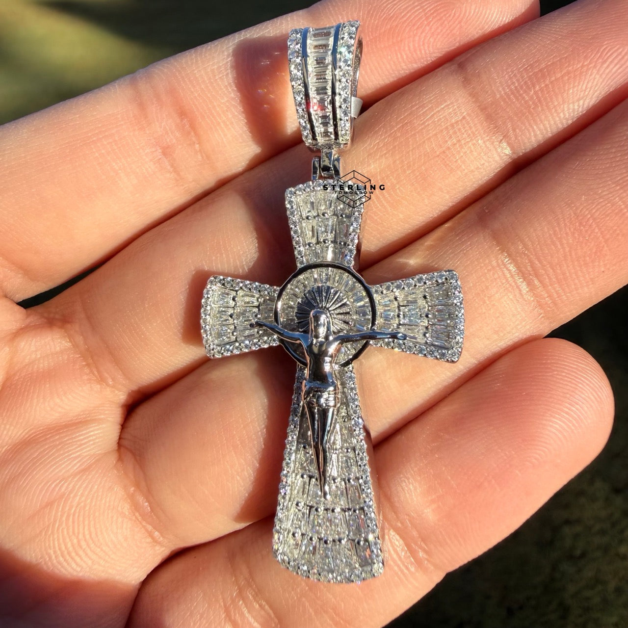 Moissanite Crucifix Cross Jesus Pendant 925 Silver Iced Out Steel Rope Chain