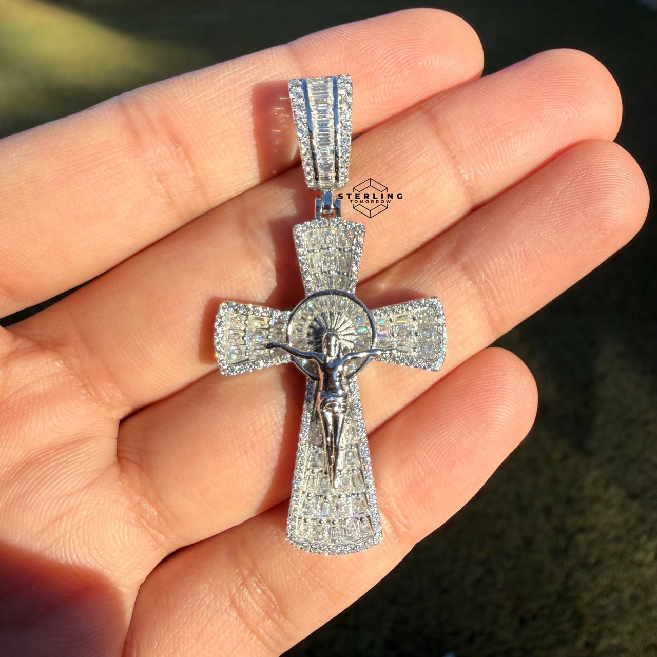 Moissanite Crucifix Cross Jesus Pendant 925 Silver Iced Out Steel Rope Chain