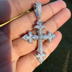 Moissanite VVS Fleur Cross Pendant 925 Silver Iced Out Free Steel Rope Chain