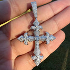 Moissanite VVS Fleur Cross Pendant 925 Silver Iced Out Free Steel Rope Chain