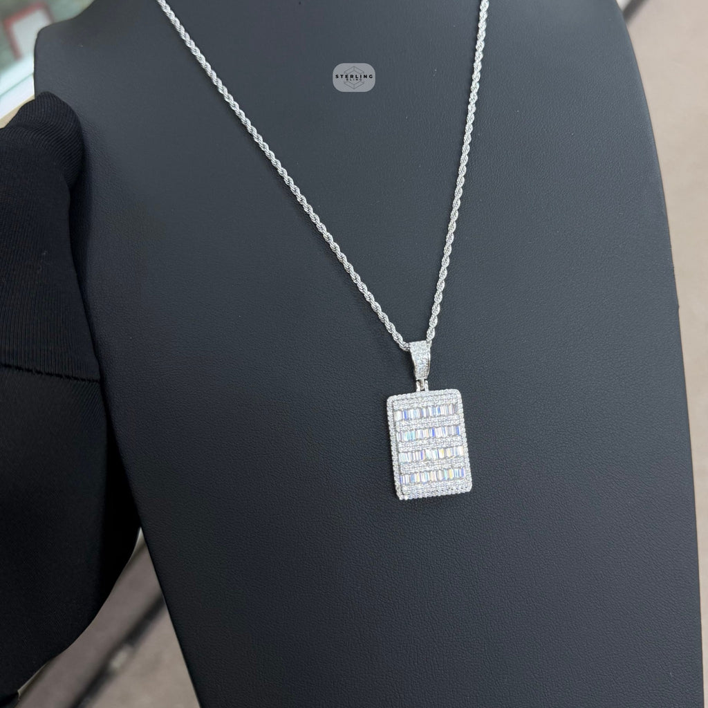 Moissanite Baguette Dog Tag Pendant, 925 Silver Iced Out Hip Hop Necklace, GRA Certified w 24" Chain