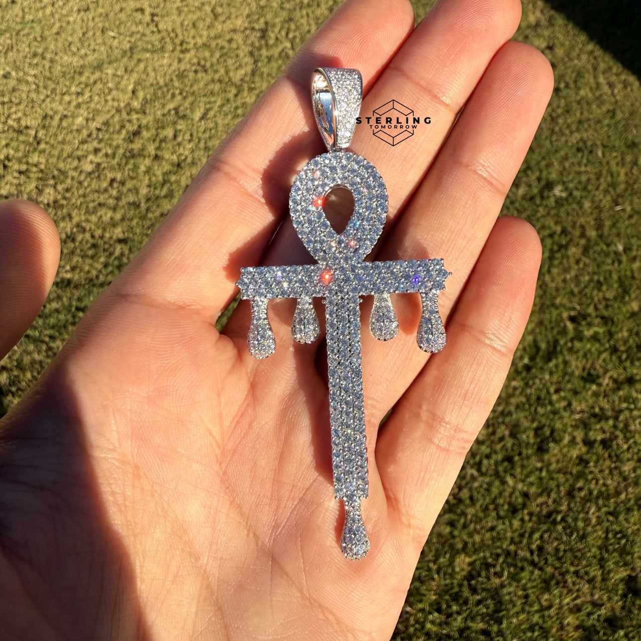 XL Ankh Drip 14k White Gold Plated CZ Iced Pendant + Steel Rope Chain